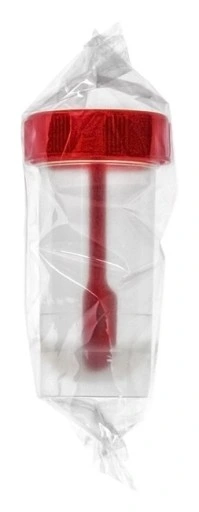 Pojemnik PP na kał z czerwoną nakrętką z łopatką, jałowy 30ml, 1szt.