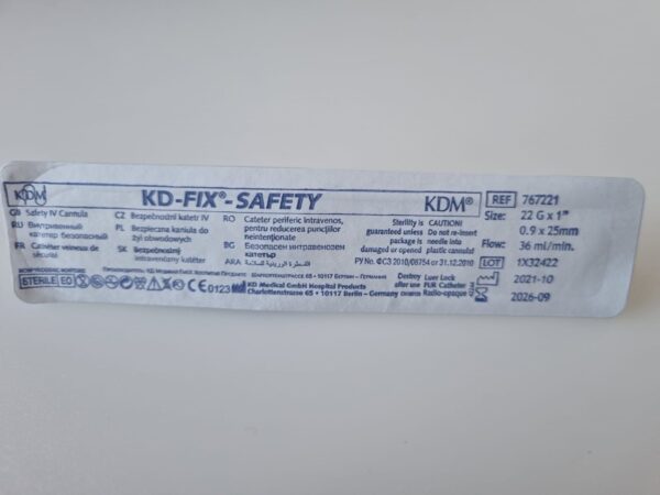 Wenflon, kaniula dożylna KD-FIX SAFETY 22G 0,9x25mm, niebieski 1szt. 767221